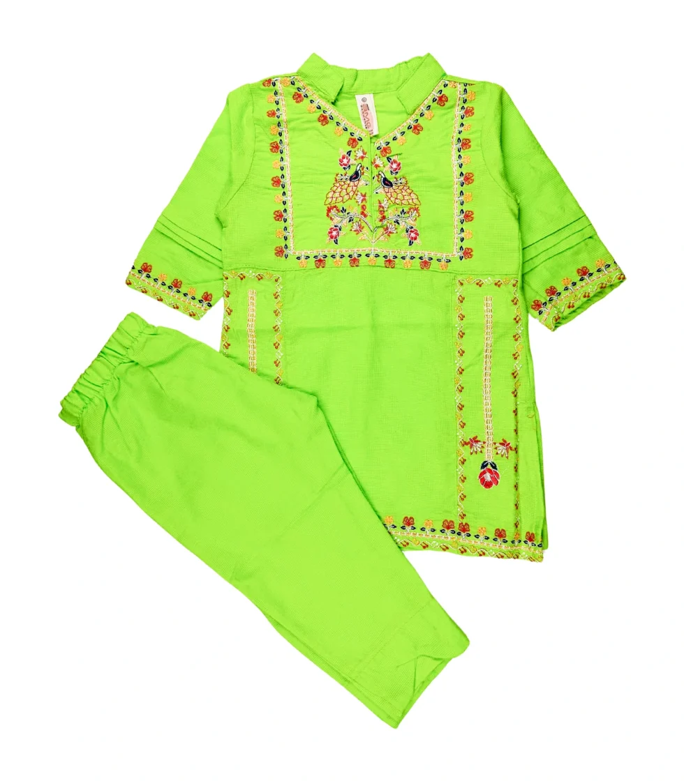 Embroidered Kurti & Pajama Suit for Girls Green
