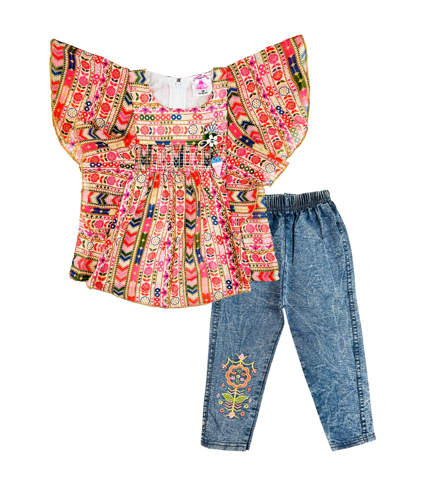 All Over Printed Chiffon Top with Jeans for Girls Multicolor