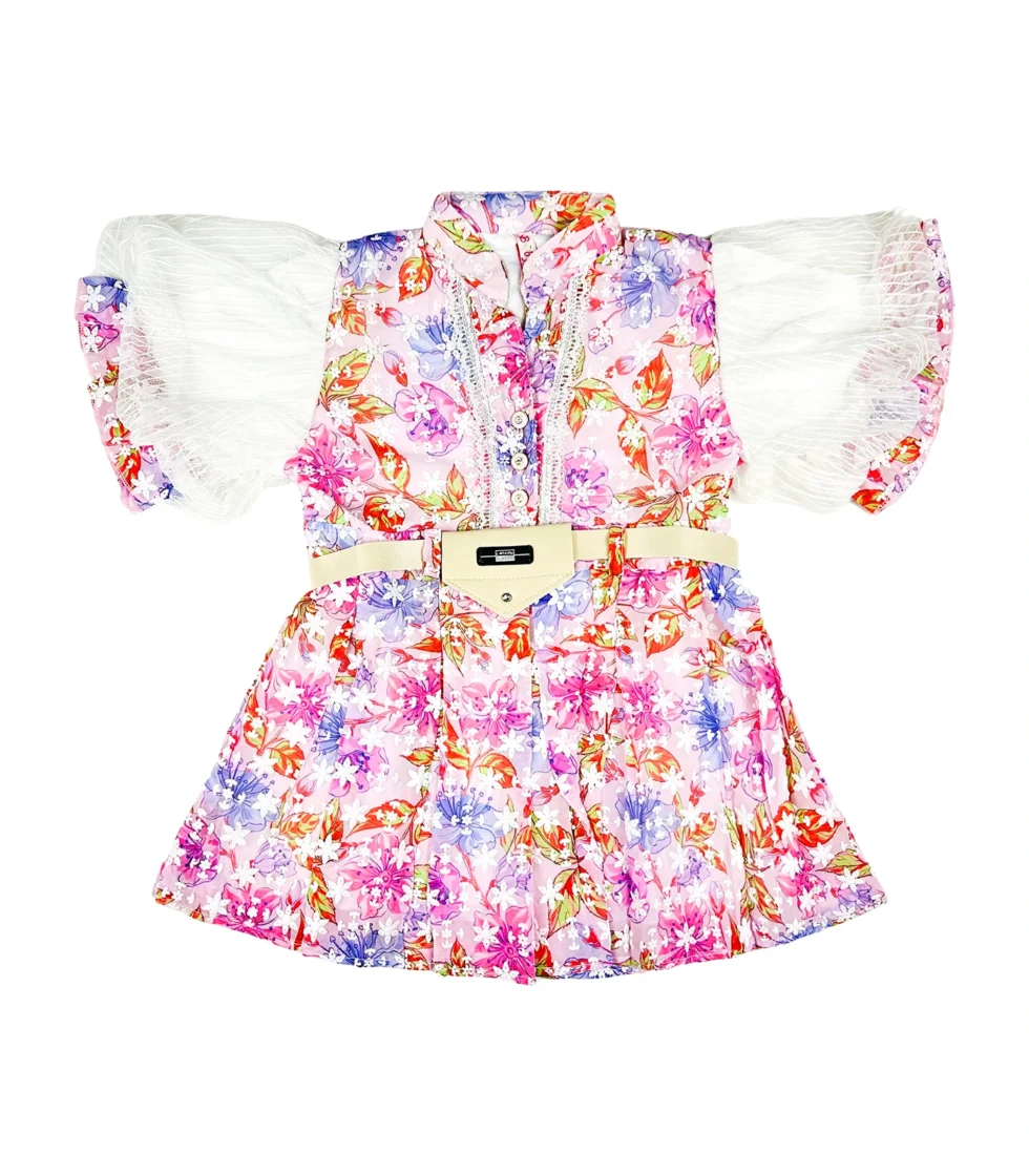 All Over Embroidered Frock Style Top for Girls Pink
