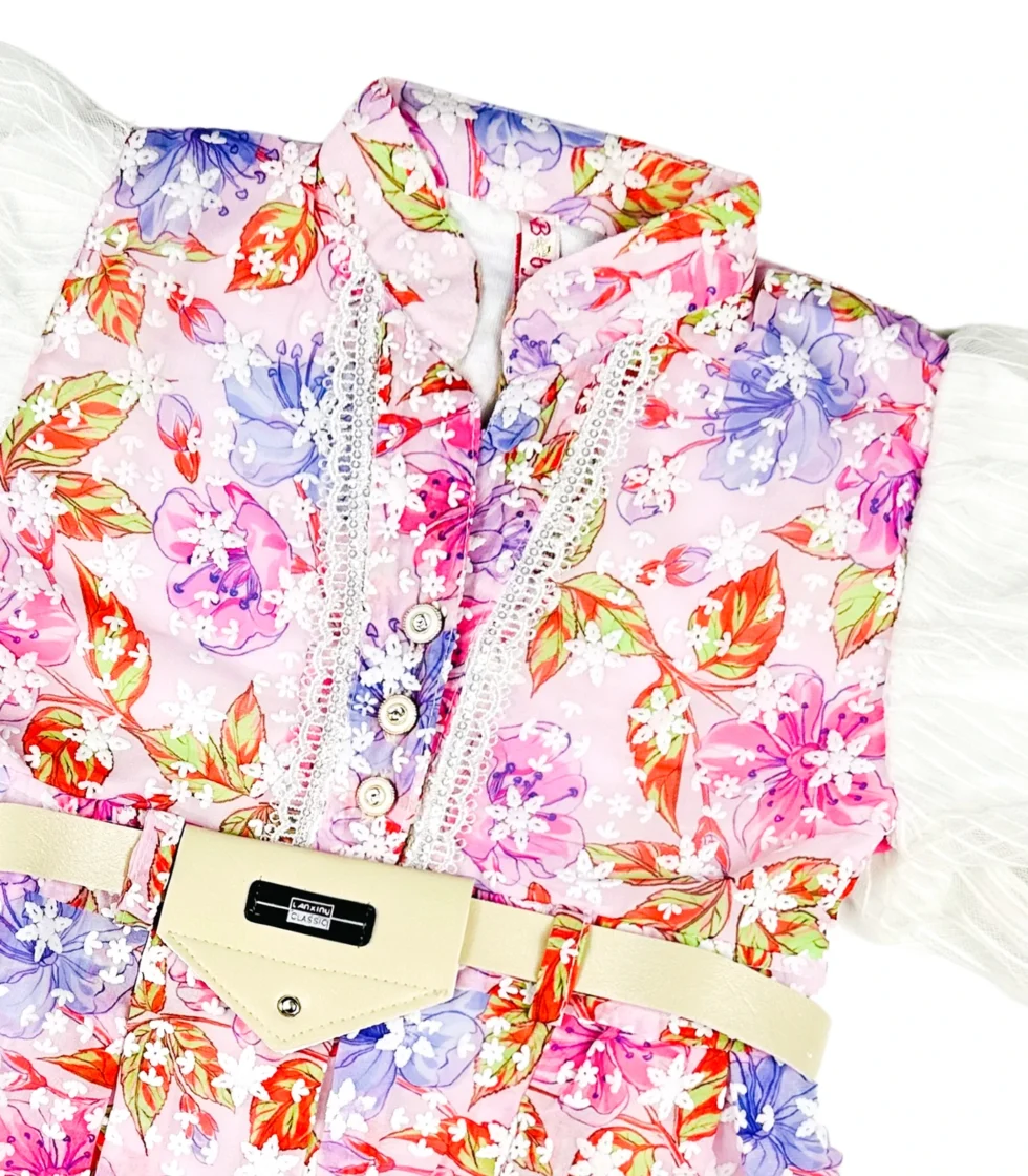 All Over Embroidered Frock Style Top for Girls Pink