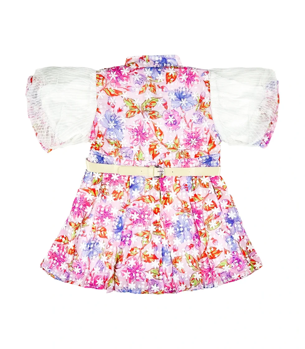 All Over Embroidered Frock Style Top for Girls Pink